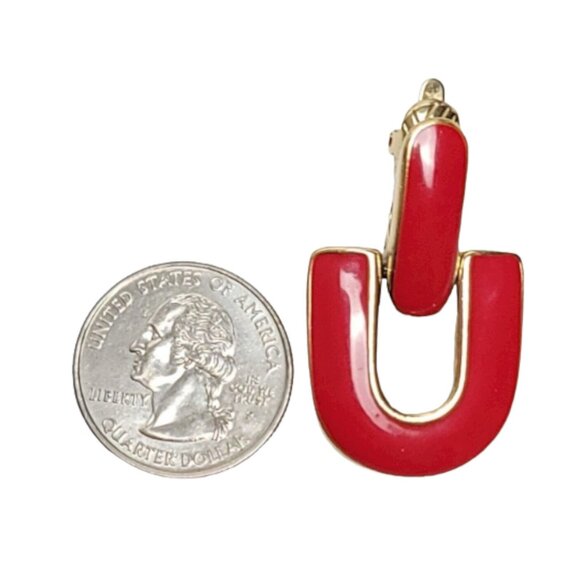Trifari Gold Tone Red Enamel Door Knocker Hinged Clip On Earrings, Signed - Picture 2 of 7